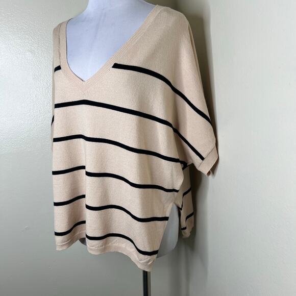 Common Threads Sweater M/L Petite Striped Oversized Dolman V-Neck Knit Beige New - Picture 5 of 9